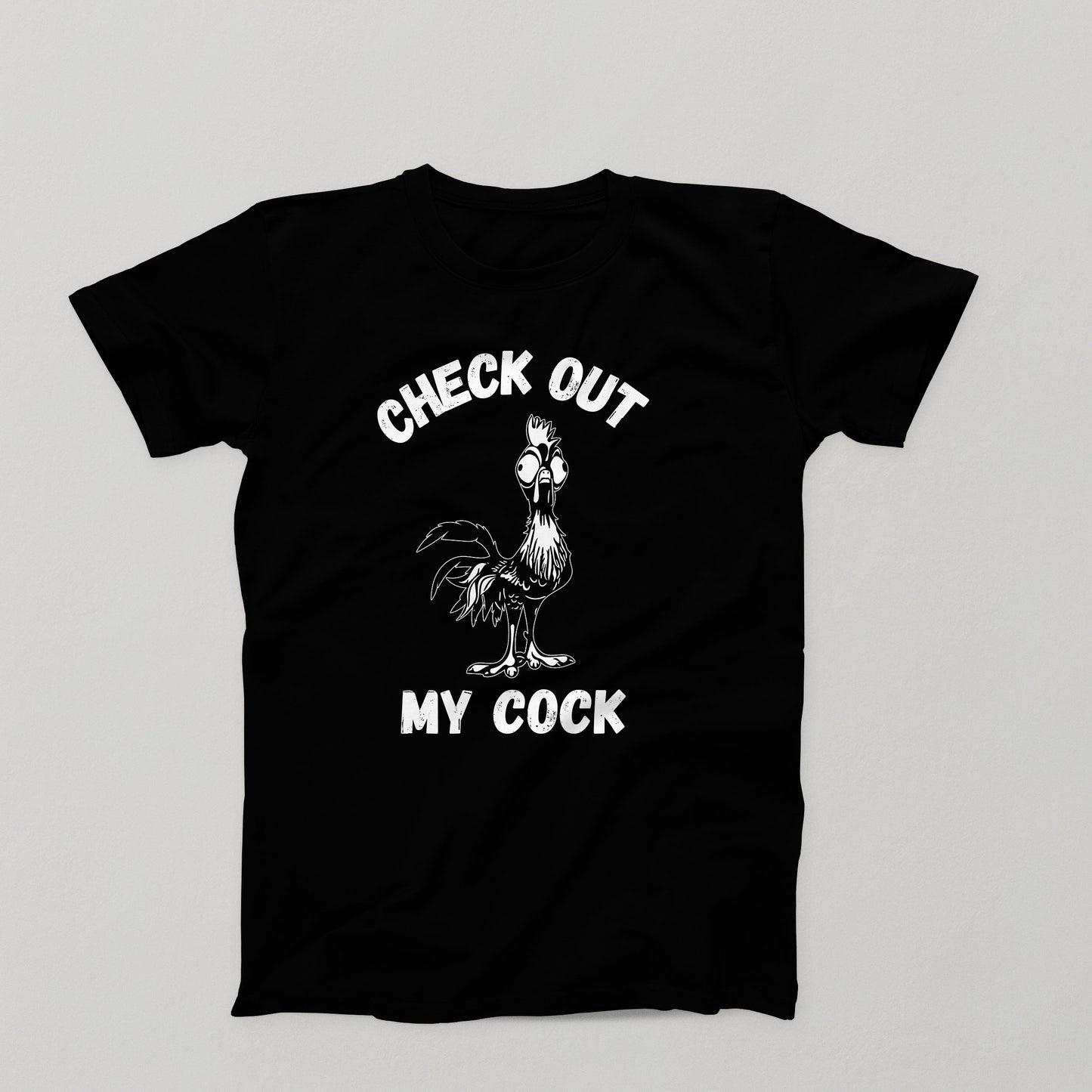 Funny cartoon rooster with text that says 'Check Out My Cock' on a black tee– humorous adult novelty t-shirt design