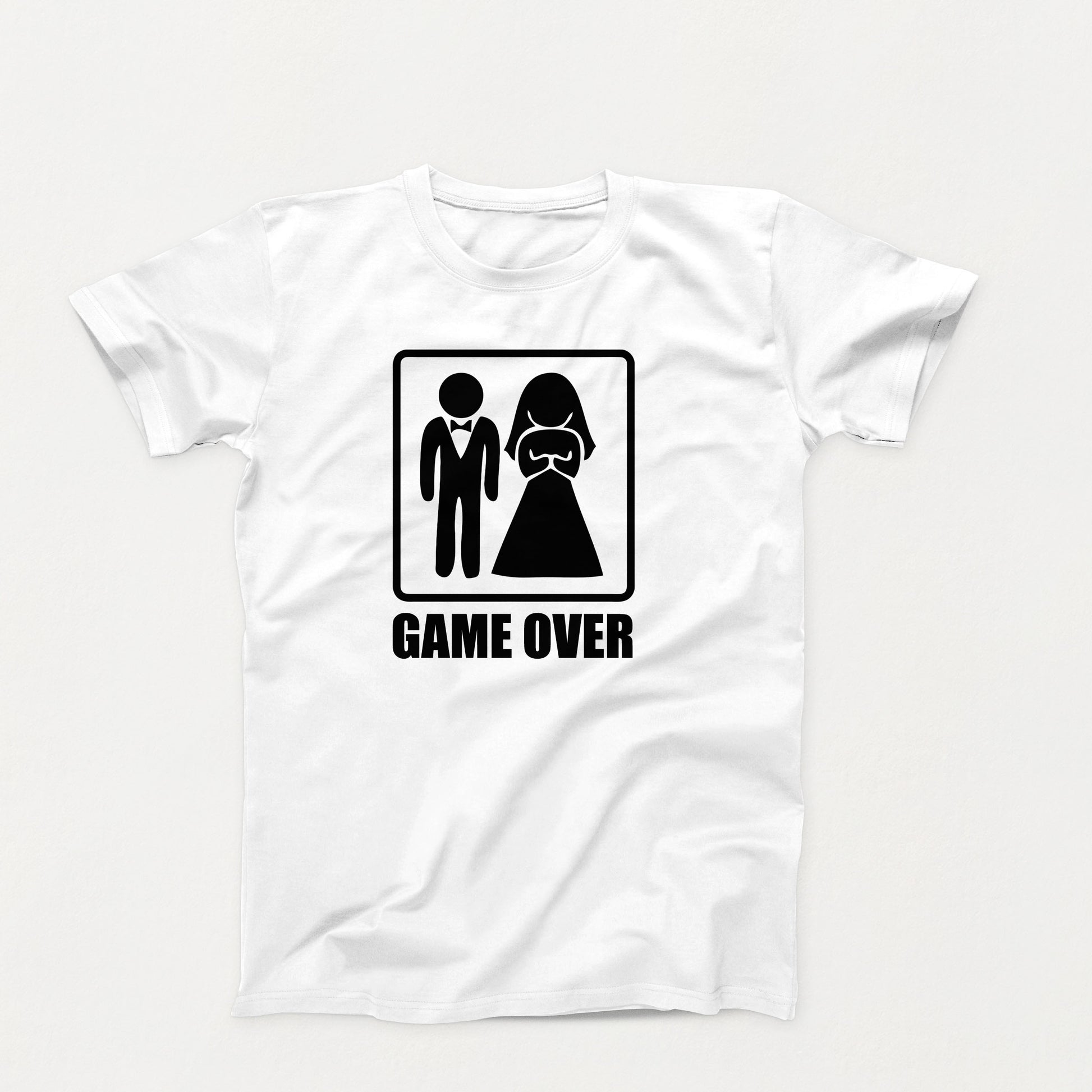 Funny white wedding shirt with black silhouette of a groom and bride above the words “Game Over” in bold block letters
