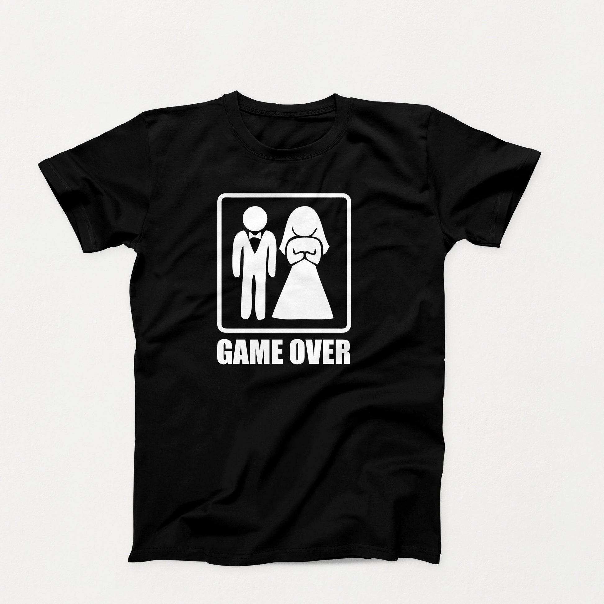 Funny black wedding shirt with white silhouette of a groom and bride above the words “Game Over” in bold block letters