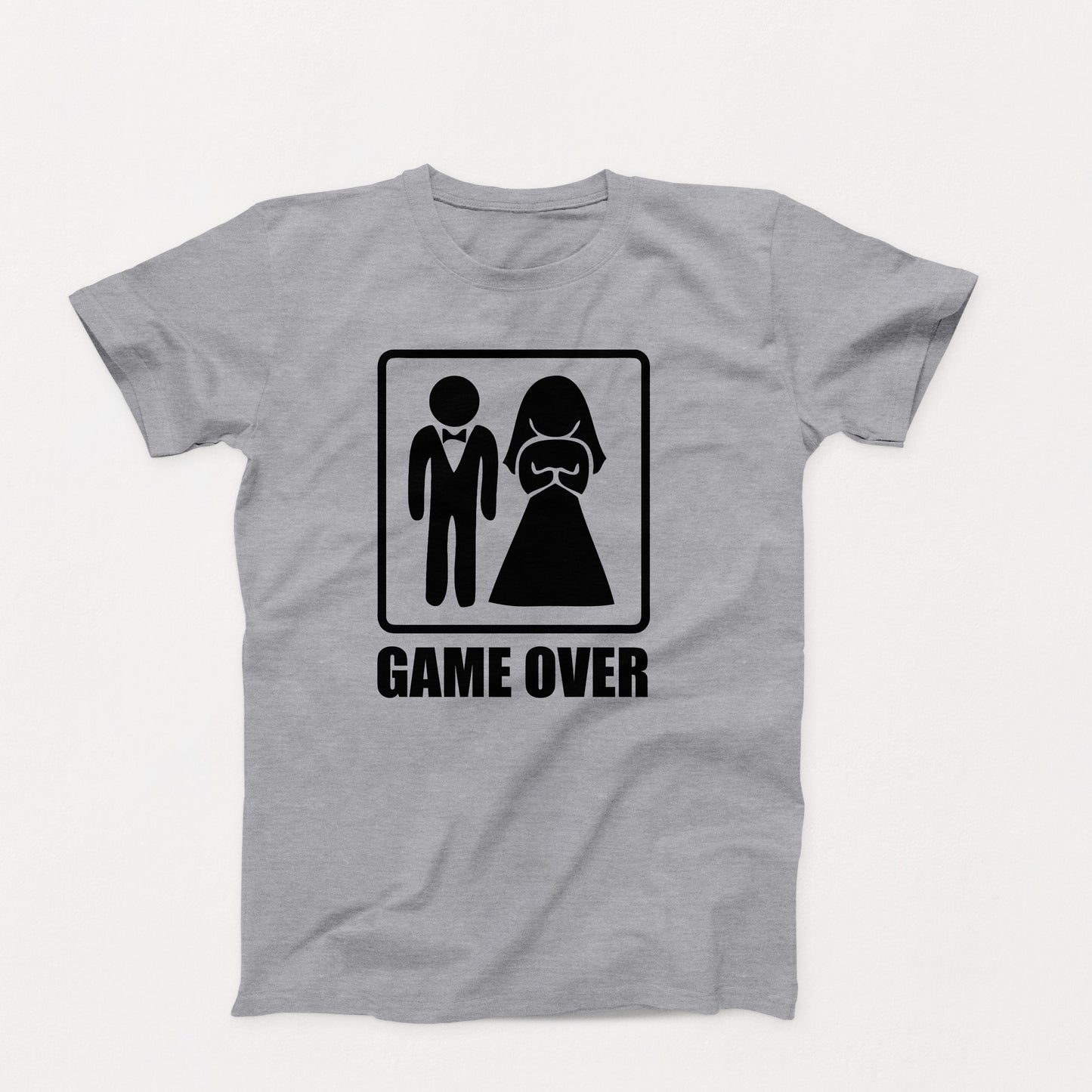 Funny grsy wedding shirt with black silhouette of a groom and bride above the words “Game Over” in bold block letters