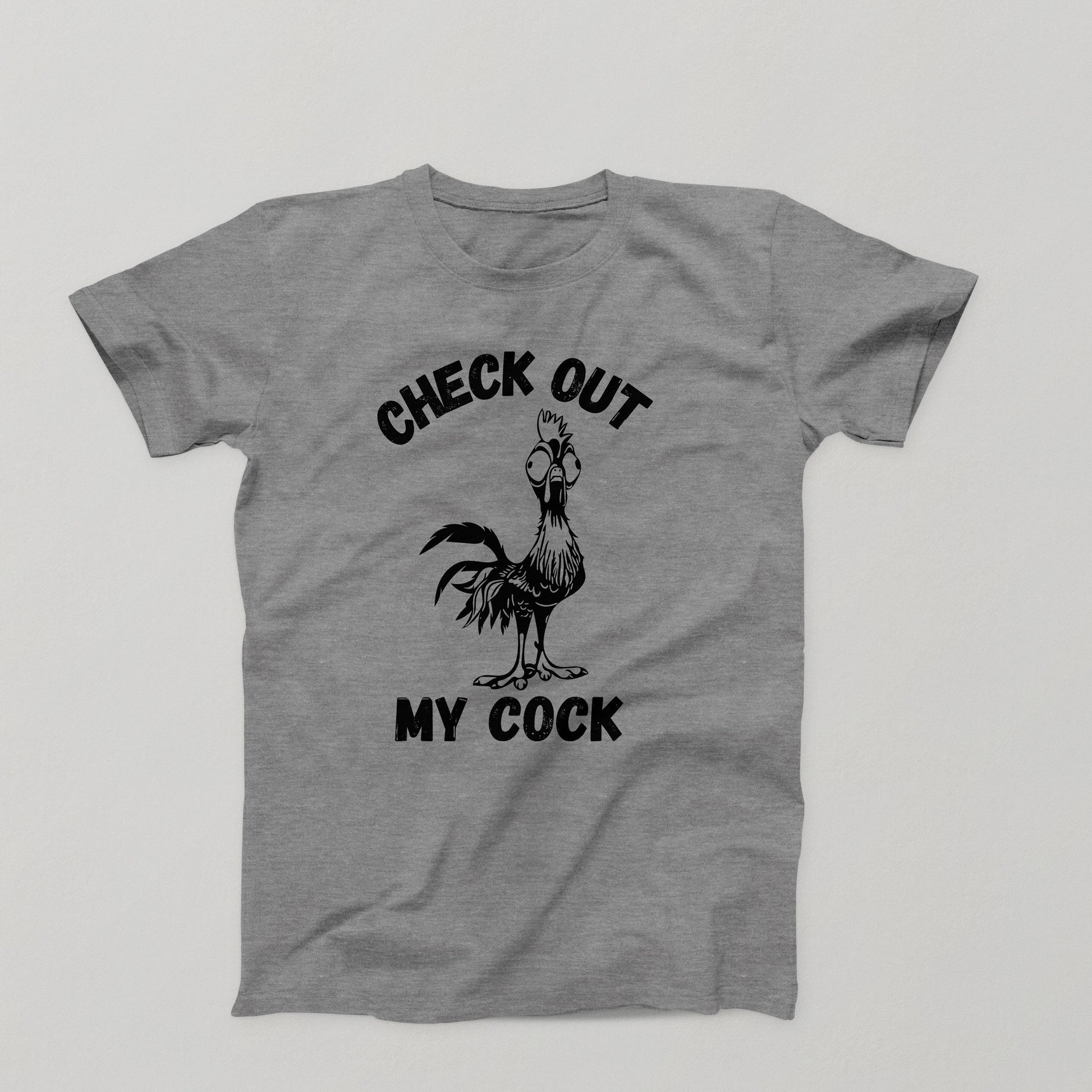Funny cartoon rooster with text that says 'Check Out My Cock' on a gray tee– humorous adult novelty t-shirt design