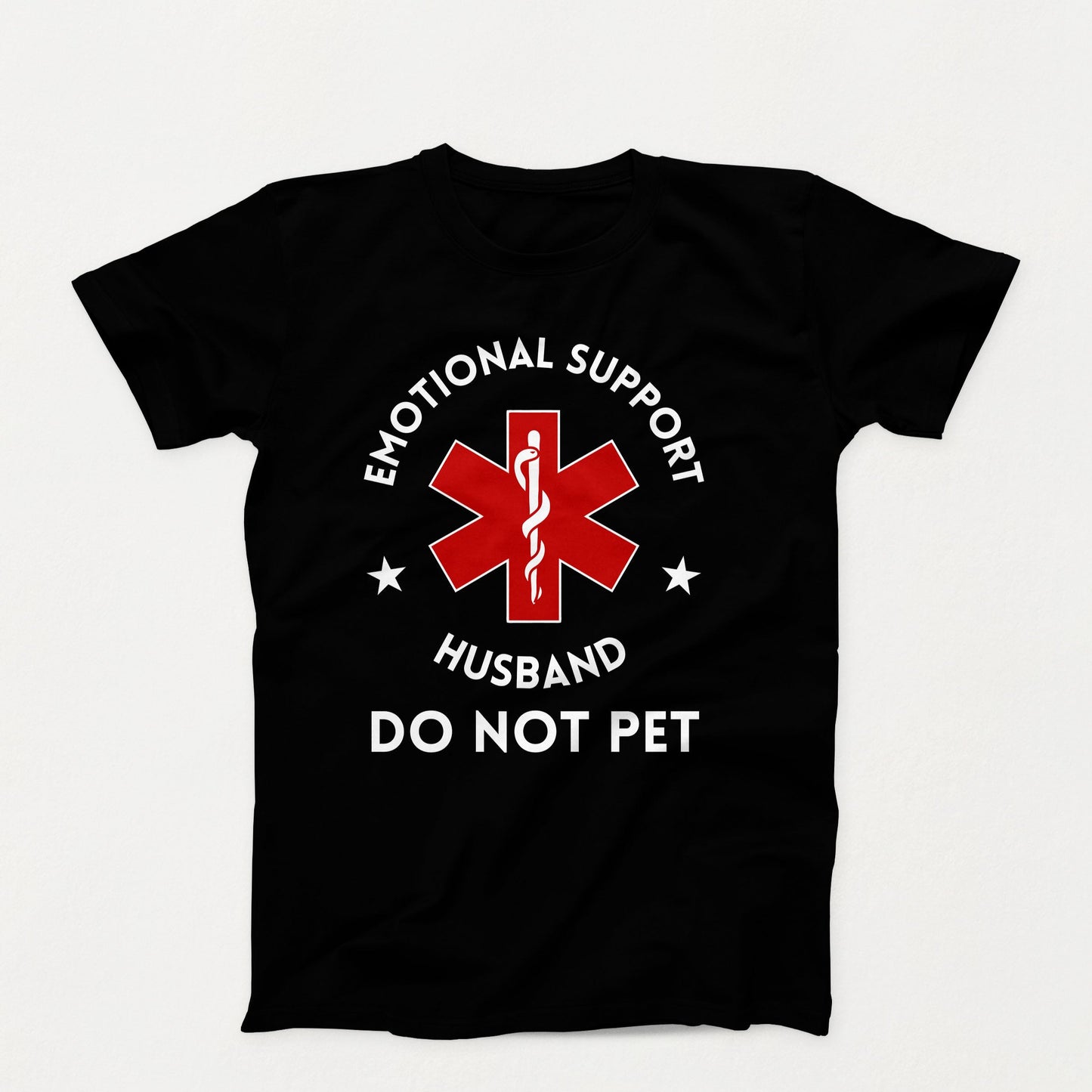 Funny “Emotional Support Husband” shirt with red Star of Life symbol and bold white text on black background