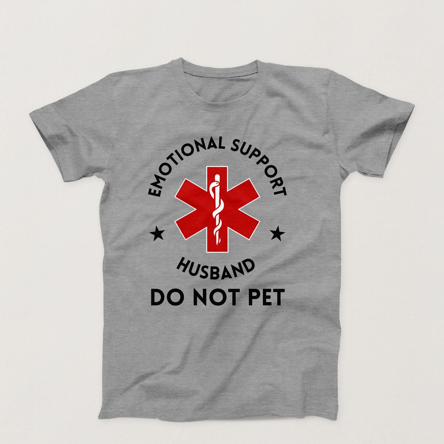 Funny “Emotional Support Husband” gray shirt with red Star of Life symbol and bold white text on black background
