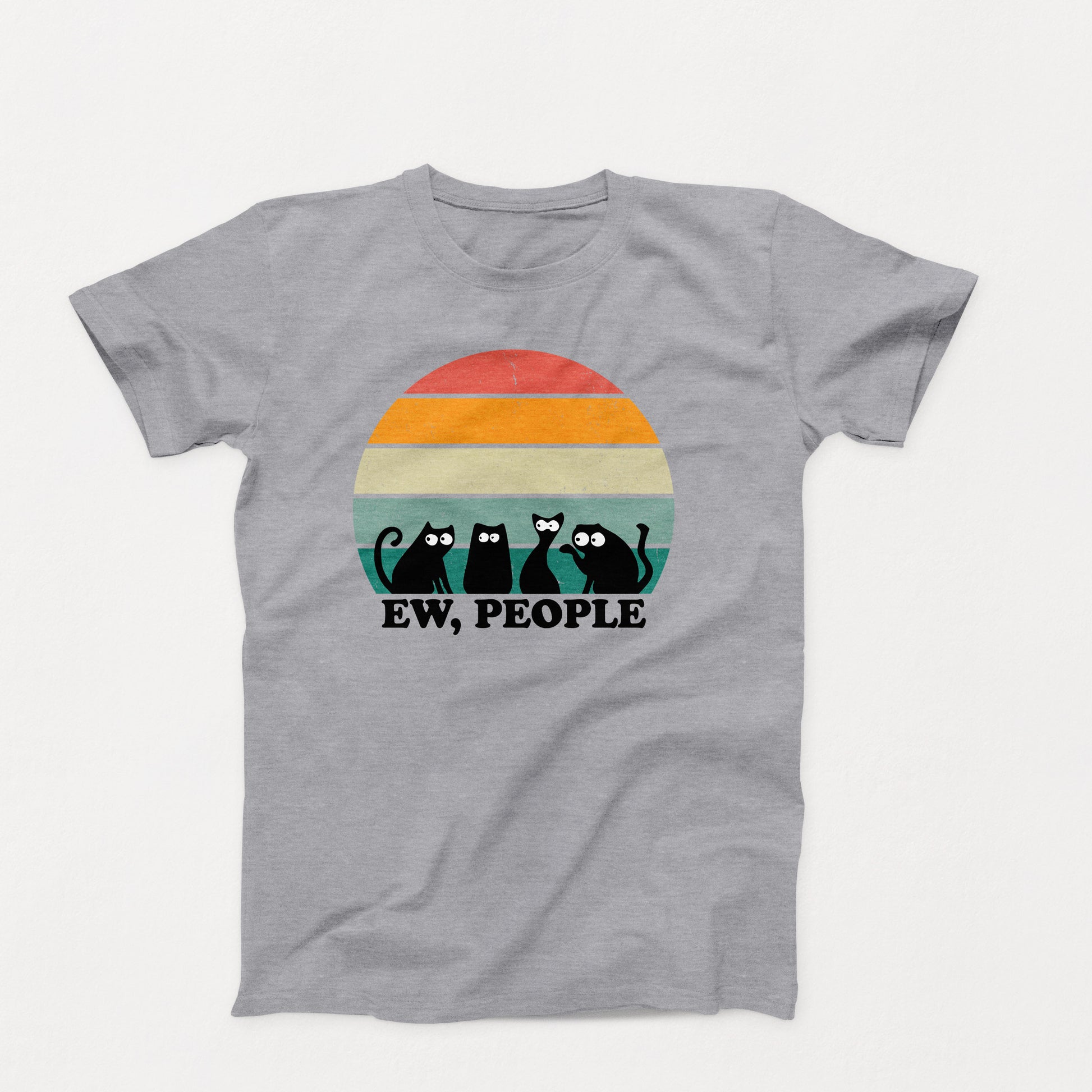 Retro-style t-shirt with four cartoon black cats and the text “Ew, People” over a distressed sunset background