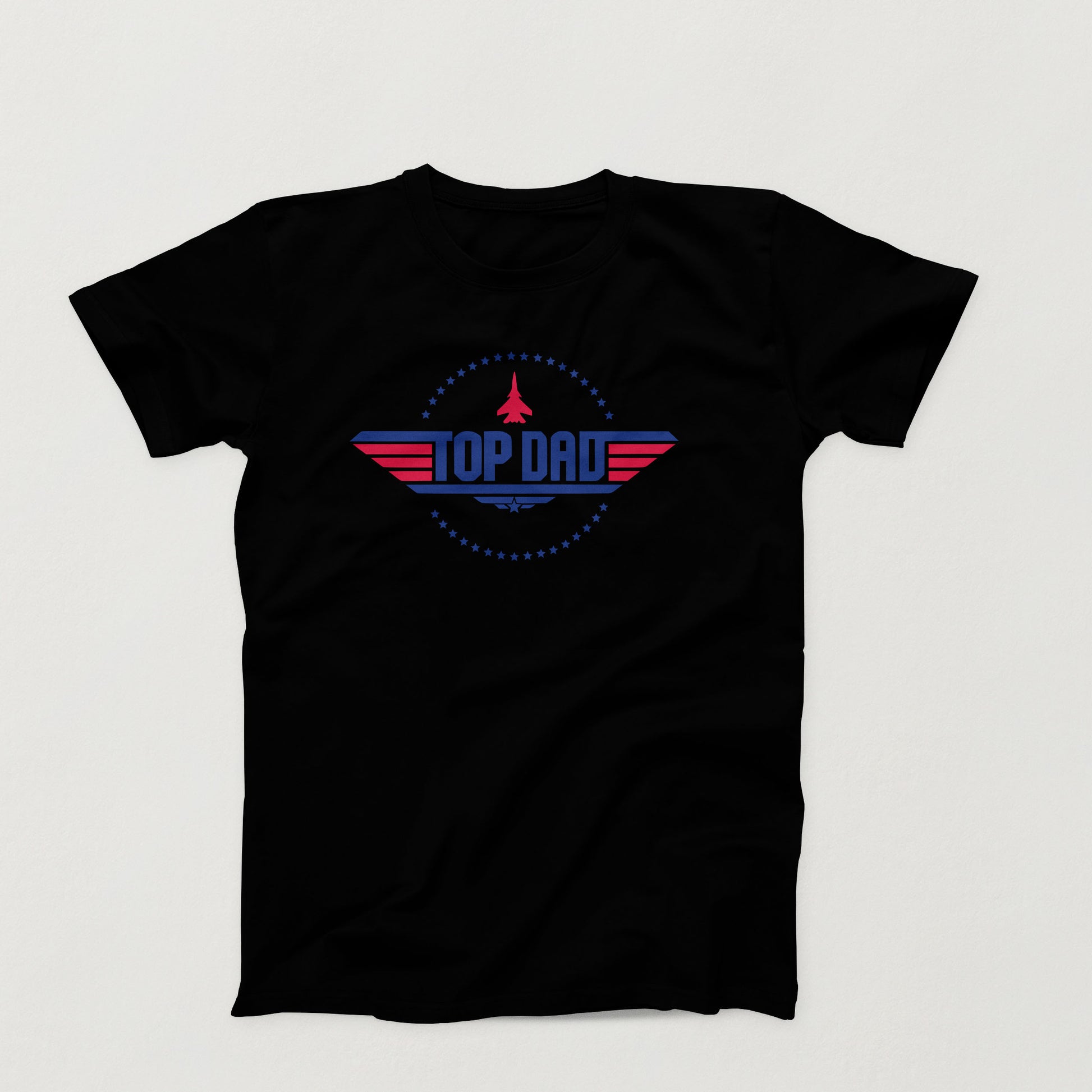Top Dad shirt design with retro fighter jet, patriotic stars, and bold red and blue text inspired by Top Gun style on a black tee