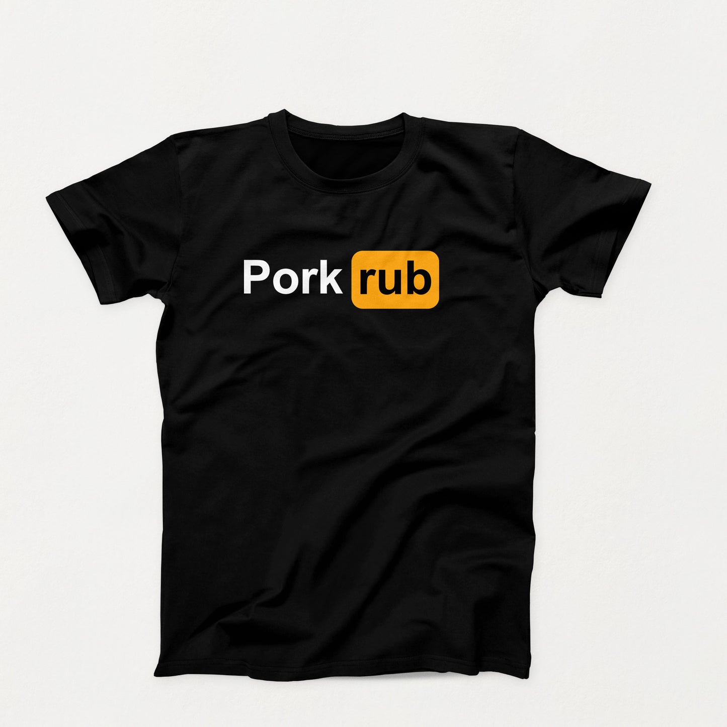 Black t-shirt with the words “Pork rub” in bold white and yellow text, parodying a familiar adult site logo