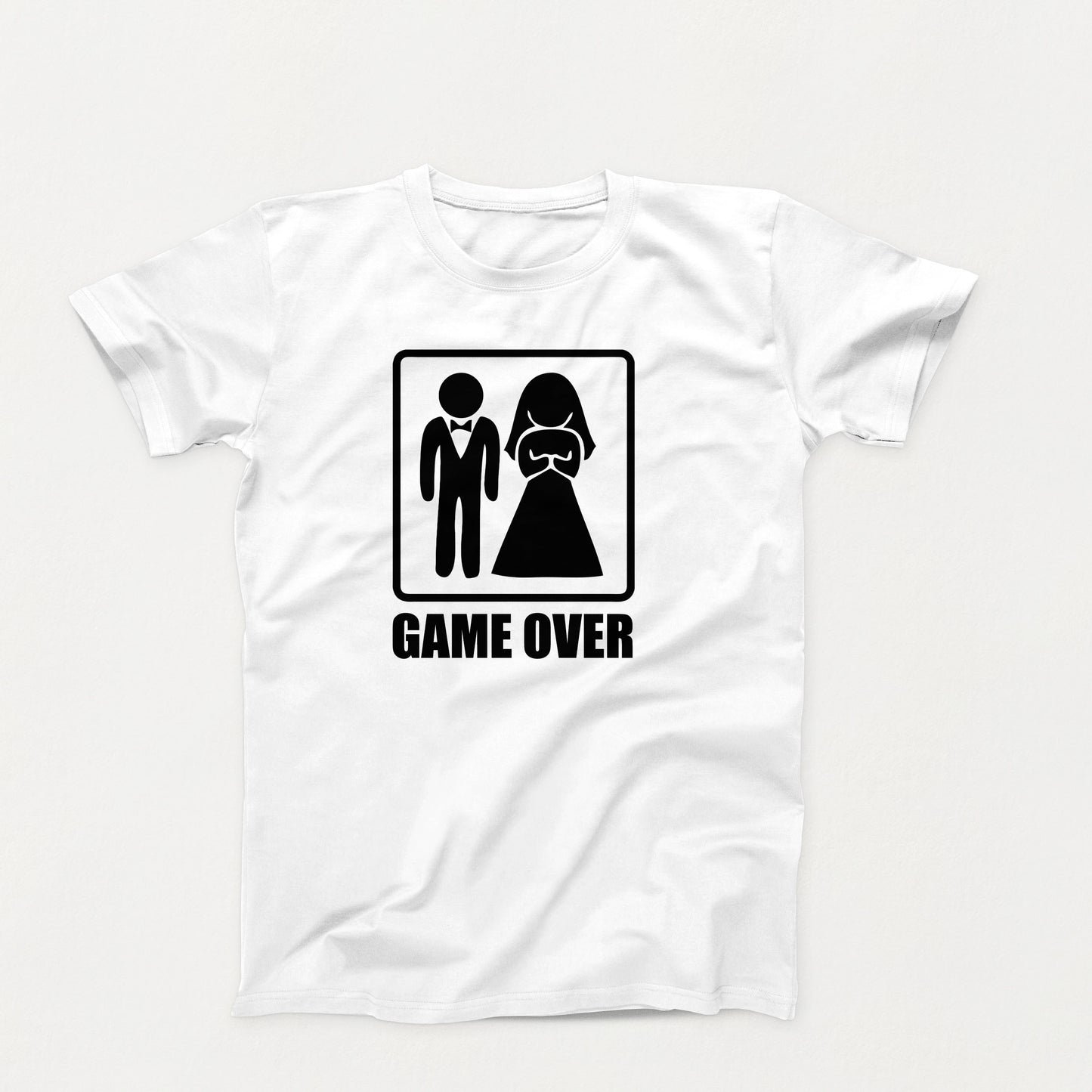 Funny white wedding shirt with black silhouette of a groom and bride above the words “Game Over” in bold block letters