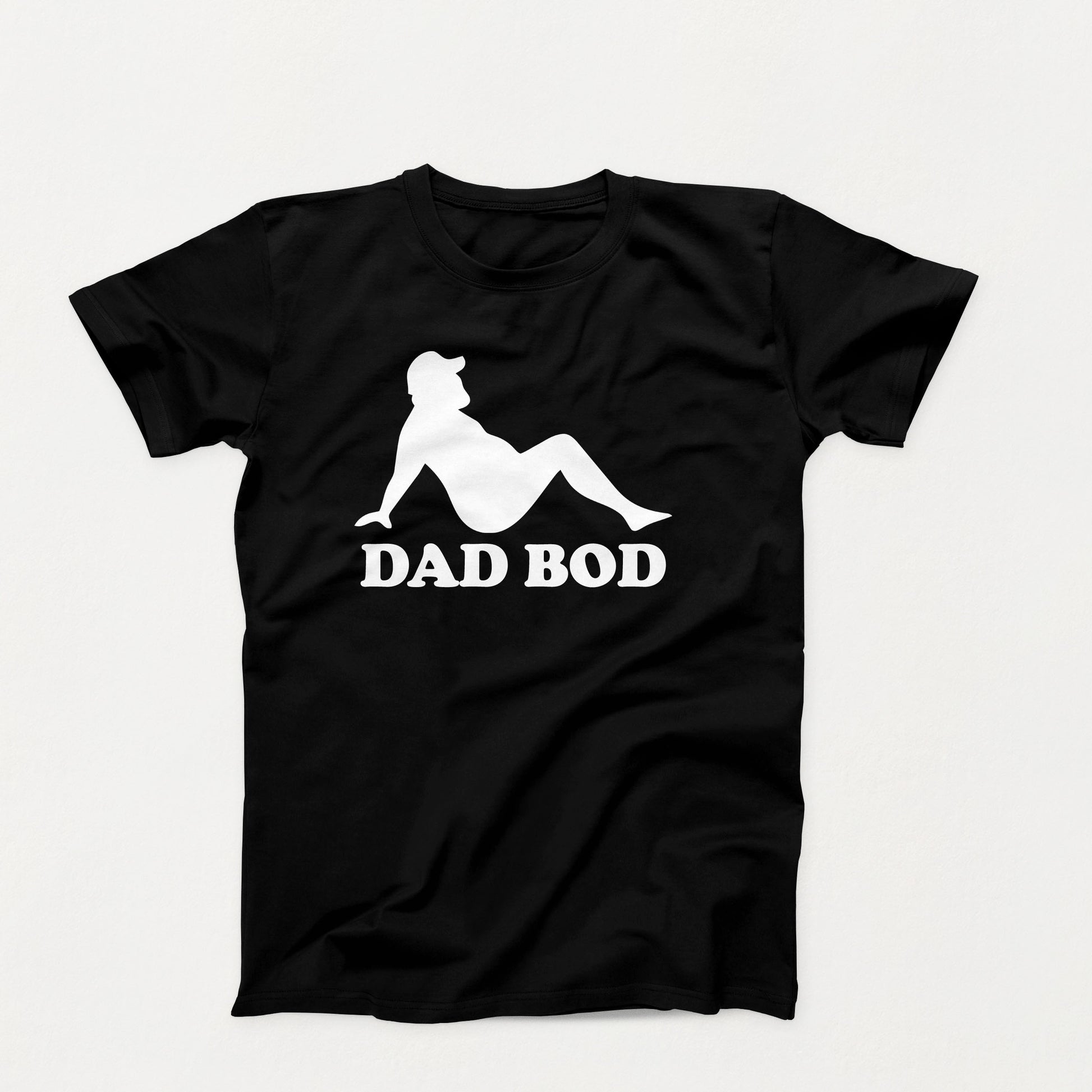White silhouette of a relaxed bearded man in a cap with the words “Dad Bod” below on a black shirt design